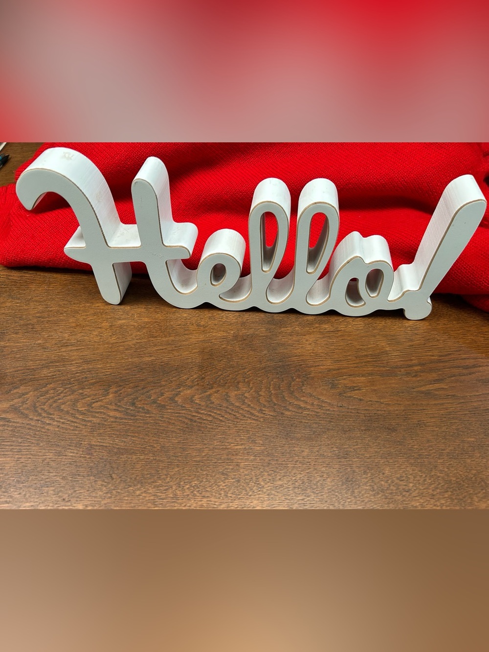 Adorable, welcoming! White "Hello" Script Table Decor. Freestanding.